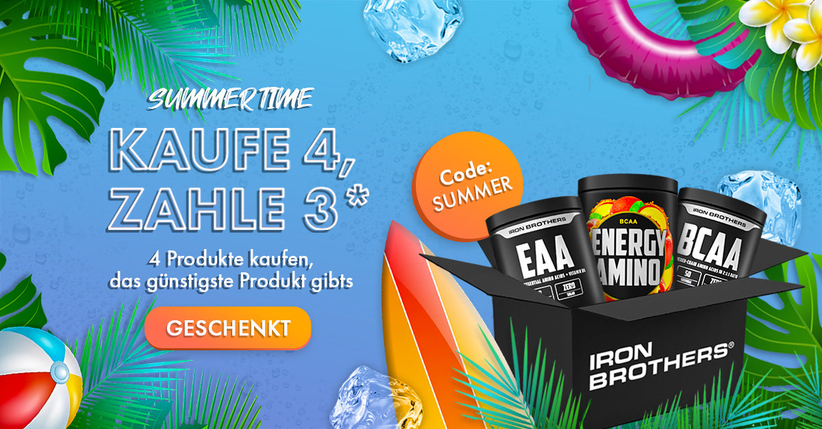 Summer Time Aktion: Kauf 4, Zahl 3 - Premium Sportnahrung Made in Germany nur bei Iron Brothers