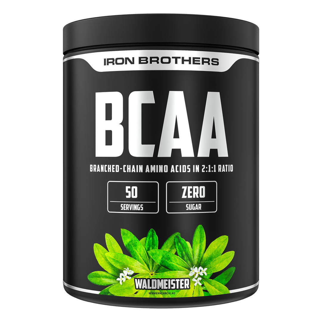 Iron Brothers BCAA 2:1:1 Aminosäuren Pulver ohne Zucker, Woodruff - Waldmeister Geschmack 500g Dose