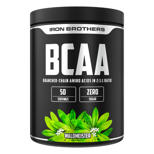 Iron Brothers BCAA 2:1:1 Aminosäuren Pulver ohne Zucker, Woodruff - Waldmeister Geschmack 500g Dose