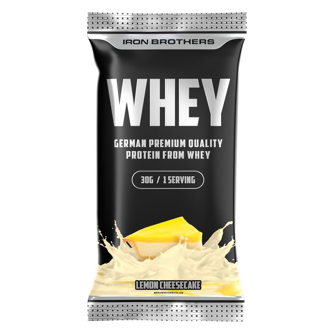 Whey Protein im Lemon American Cheesecake Geschmack verpackt in eine Protein Probe