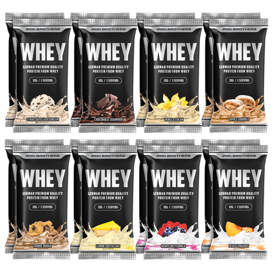 Whey protein proben Packet mit allen geschmacksrichtungen mal 2 jeweil zwei 30g Portions sachets pro Geschmack