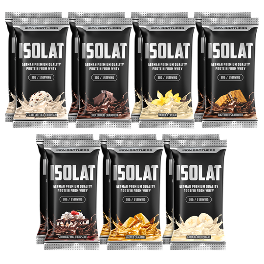 Whey protein Isolate proben Packet mit allen geschmacksrichtungen mal 2 jeweil zwei 30g Portions sachets pro Geschmack #inhalt_14x-30g-doppelpack