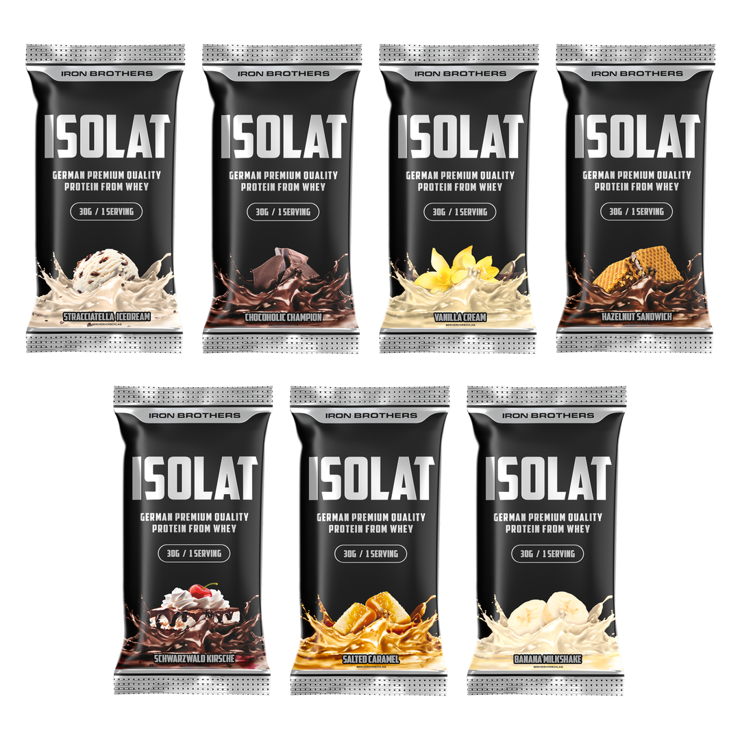 Whey Protein Isolate Sample Set mit allen Geschmacksrichtung Sorten Protein Proben Paket einzeln verpackt
#inhalt_7x-30g