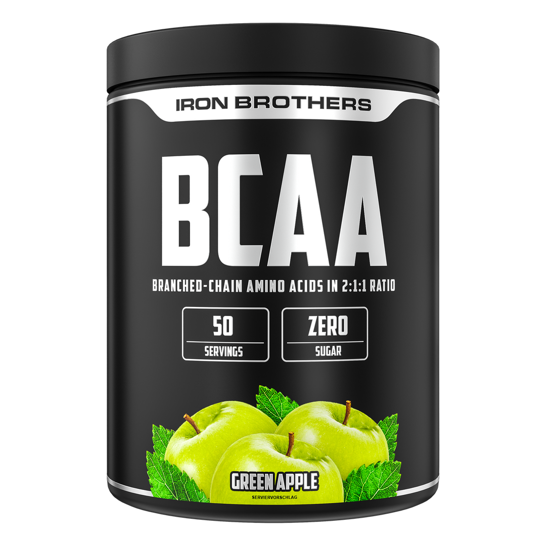 Iron Brothers BCAA 2:1:1 Aminosäuren Pulver ohne Zucker, Green Apple - Apfel Geschmack 500g Dose 