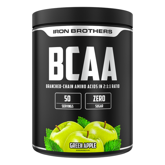 Iron Brothers BCAA 2:1:1 Aminosäuren Pulver ohne Zucker, Green Apple - Apfel Geschmack 500g Dose 