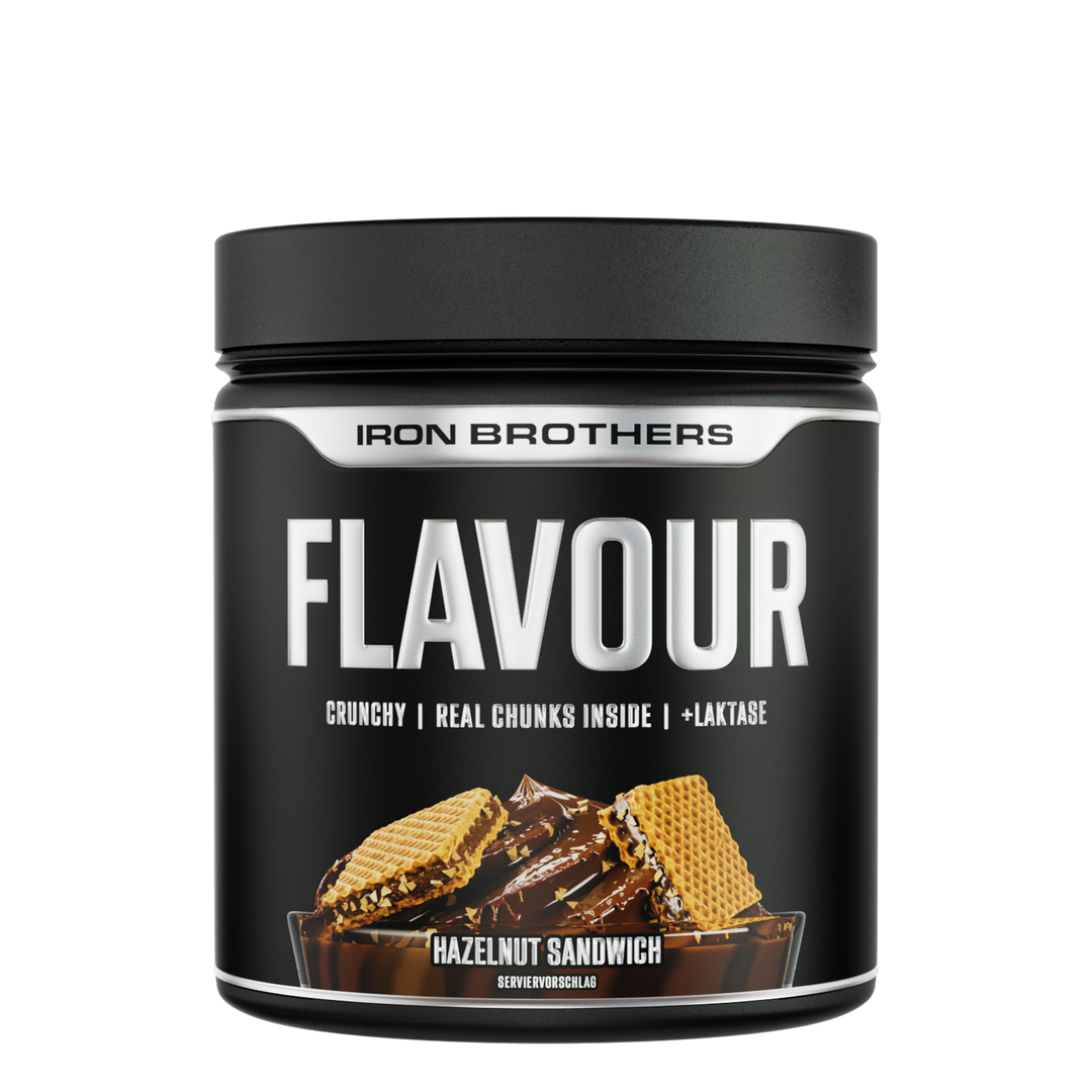 Iron Brothers Crunchy Flavour Powder / Geschmackspulver mit Stücken, Hazelnut Sandwich Geschmack 250g Dose, Haselnuss Schnitte