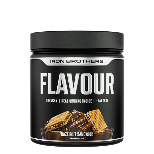 Iron Brothers Crunchy Flavour Powder / Geschmackspulver mit Stücken, Hazelnut Sandwich Geschmack 250g Dose, Haselnuss Schnitte