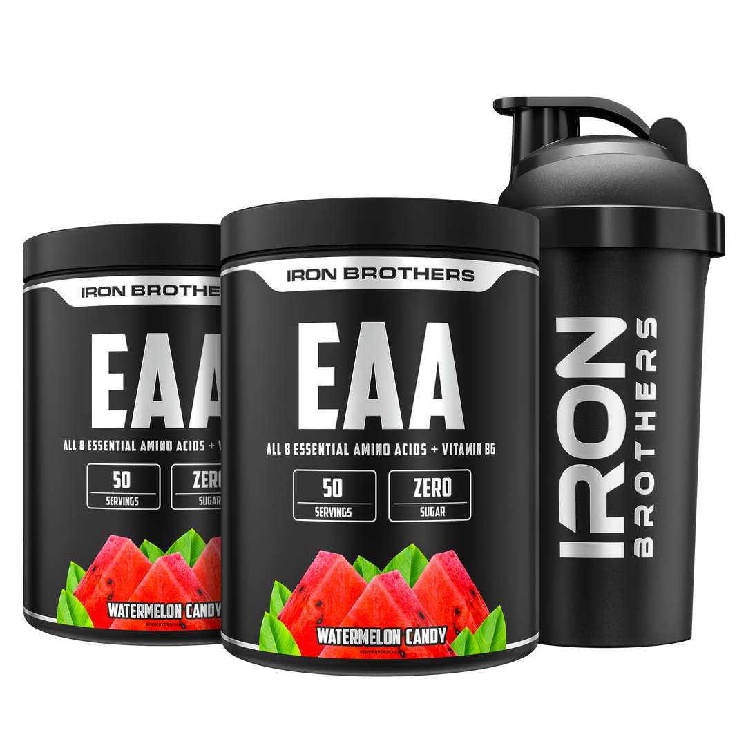 Iron Brothers EAA Essentielle Aminosäuren Pulver ohne Zucker, Watermelon Candy Geschmack 2x 500g Dose mit Gratis Shaker, Wassermelone