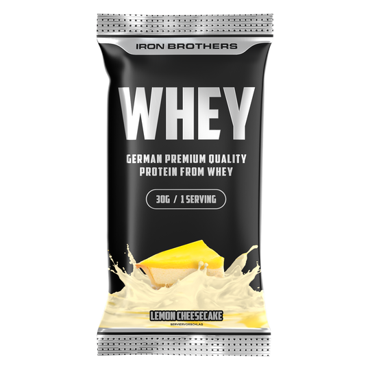 Whey Protein im Lemon American Cheesecake Geschmack verpackt in eine Protein Probe