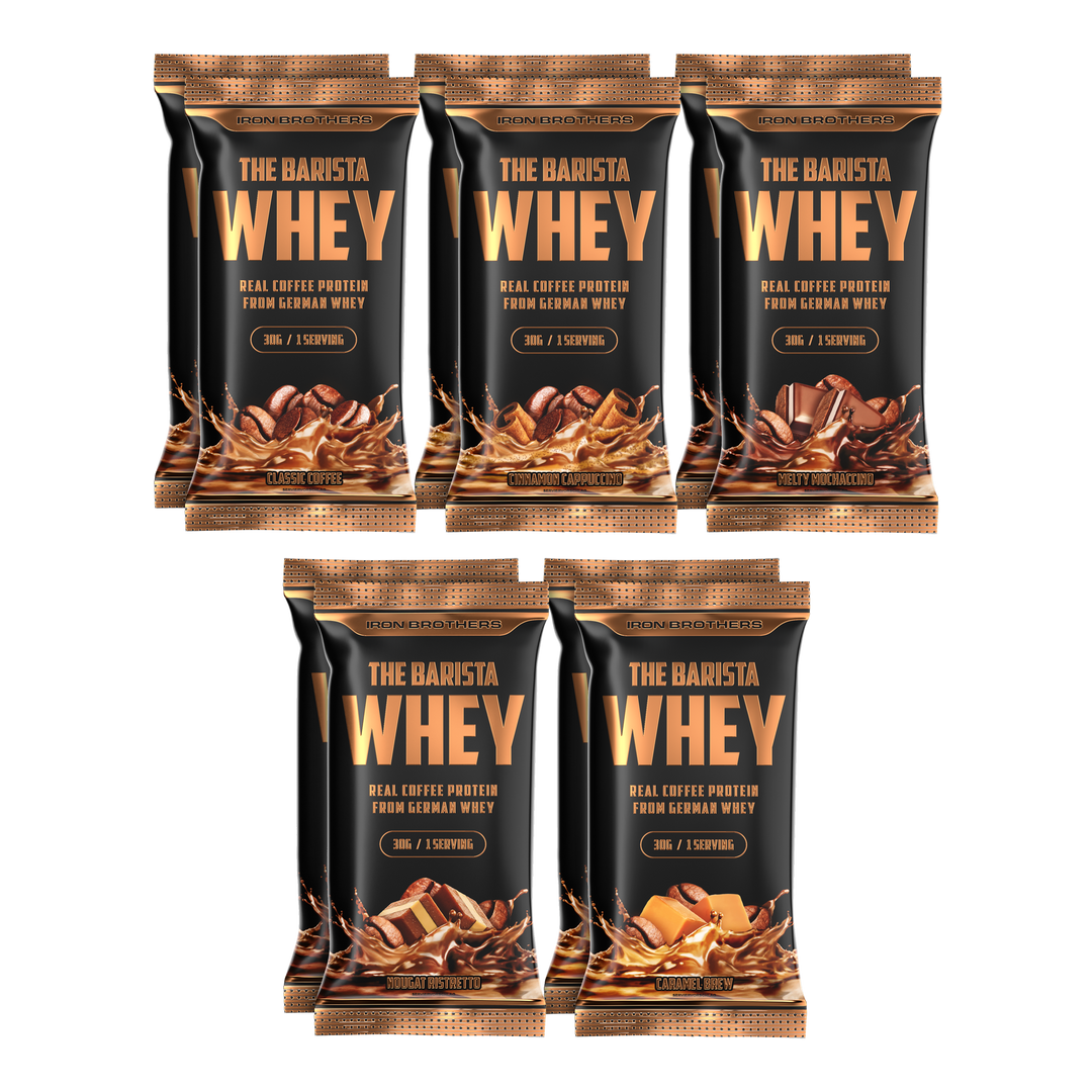 The Barista Whey proben Packet mit allen geschmacksrichtungen mal 2 jeweil zwei 30g Portions sachets pro Geschmack - Kaffee