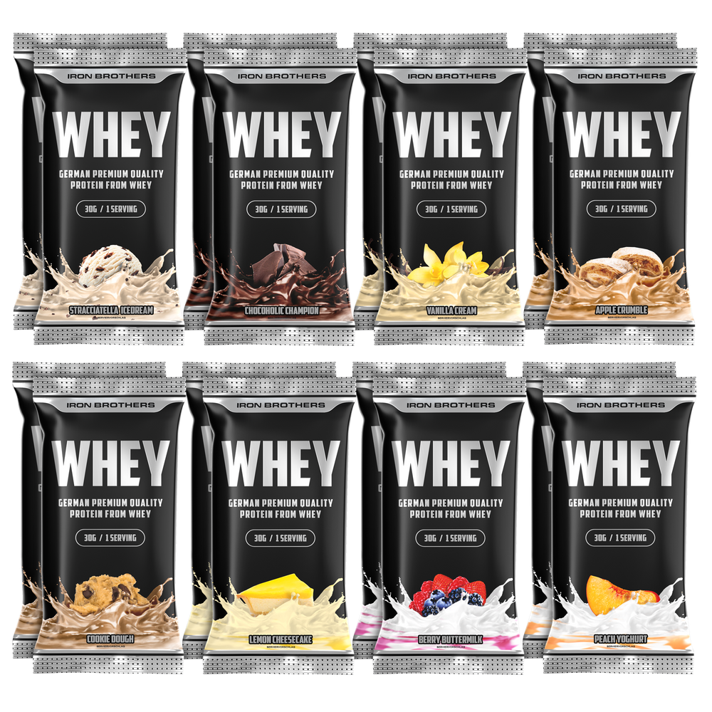 Whey protein proben Packet mit allen geschmacksrichtungen mal 2 jeweil zwei 30g Portions sachets pro Geschmack