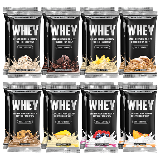 Whey protein proben Packet mit allen geschmacksrichtungen mal 2 jeweil zwei 30g Portions sachets pro Geschmack #inhalt_16x-30g-doppelpack